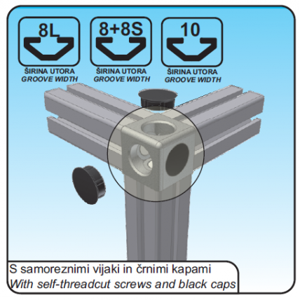 Kockasti 3D-30 spojnik za aluminijasti profil 30x30 mm, utor 8 mm