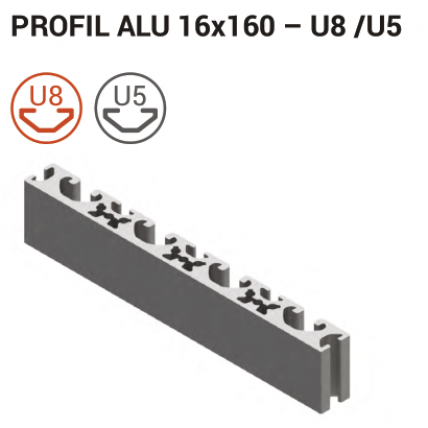Aluminijasti T-profil 16x160 mm, srebrn anodiziran, dvojni utor (5 mm + 8 mm)