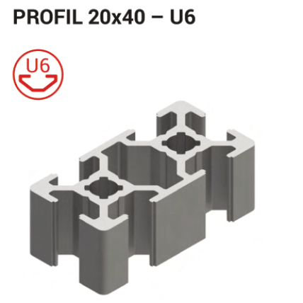 Aluminijasti T-utorni profil 20x40 mm, utor 6 mm, srebrno eloksiran