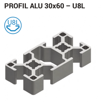 Aluminijasti T-profil 30x60 8L, srebrno eloksiran, utor 8 mm