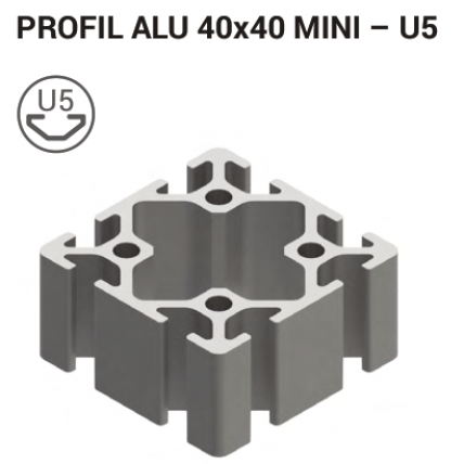 Aluminijasti T-utor 40x40 Mini 5, srebrno eloksiran, 5 mm utor